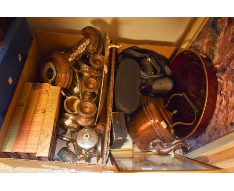 Boxes and Objects - a carved wooden barometer; copper kettle; three branch candelabrum; other plated ware; etc