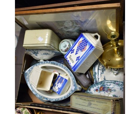 Boxes and Objects - a set of three Ditmar Urbach ceramic storage canisters; a 19th century hand painted ceramic scent bottle;