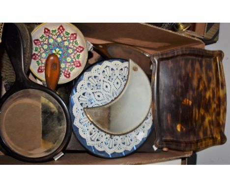 A travelling vanity set, boxed; another similar, enamel effect; a cresent shaped mirror;  a mahogany hand mirror; others simi