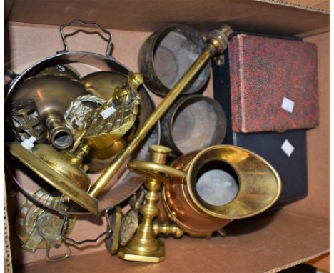 Metalware - a pair of brass candlesticks; a pair of Indian brass bowls; a chamber stick; others, flatware, a brass crinoline 