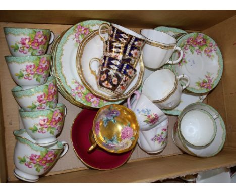 Ceramics - three Royal Crown Derby coffee cups; two Royal Crown Derby Carlton Gold teacups and saucers; a Staffordshire orcha