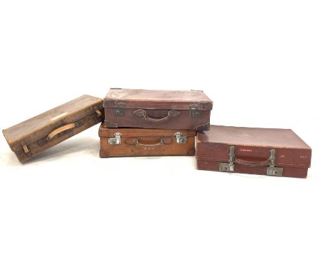 Vintage leather suitcase inscribed with initials W62cm, another and two other suitcases