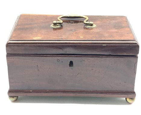Early 19th century mahogany tea caddy with brass handle and ball feet W24cm