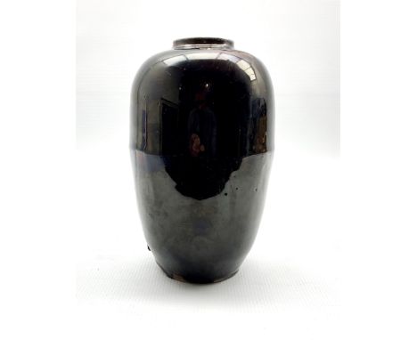 19th century Chinese ovoid form vase, applied with a deep brown near mirror-black lustrous glaze, six character Kangxi mark b