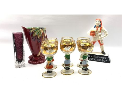 Set of six Goebel gilt etched wine glasses with figural stems, square glass vase, Beswick jug and a Carlton Pick Flowers Brew