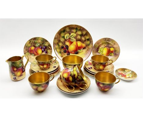 Royal Worcester tea service for six, each piece hand painted with a still life of fruit and heightened with gilt, comprising 