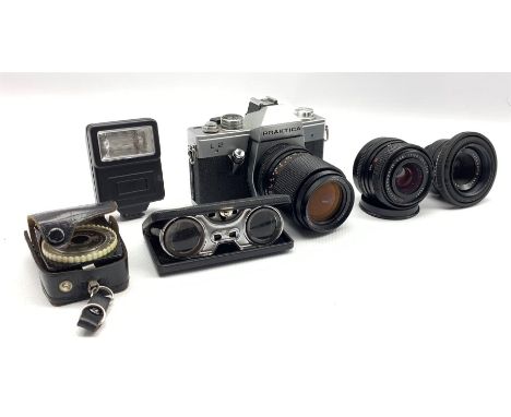 Praktica L2 camera with two Carl Zeiss lenses, Domiplan lens, folding binoculars and flash in Prinz bag 