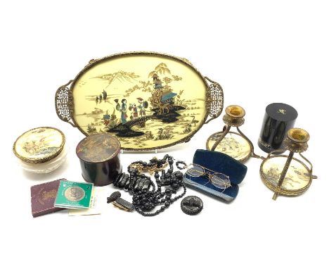 Vintage Japanese design four-piece dressing table set, Whitby Jet beaded necklaces and brooches, lacquer box and cover, two p