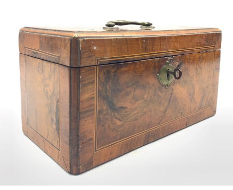 Mid 19th century figured walnut tea caddy with ebony and boxwood stringing W25cm