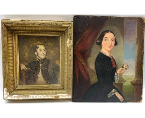 European School (early 19th century): Portrait of a Young Woman in Black Holding a Rose, oil on board unsigned, unframed toge