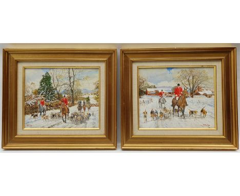 Reginald Llewellyn Harvey (British 1888-1973): Hunting in Winter, pair oils on canvas signed 24cm x 29cm (2)