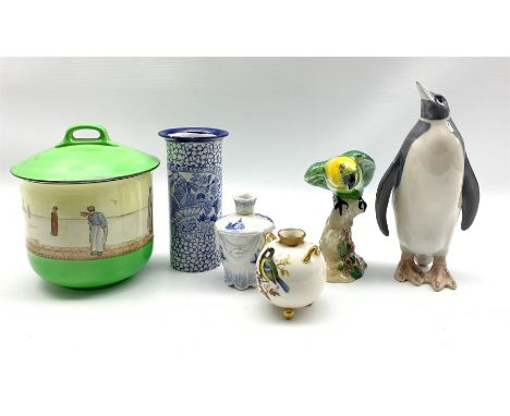 Royal Copenhagen figure of a penguin H23cm No. 419, Beswick parakeet No. 930, small Worcester vase painted with birds H8cm, R