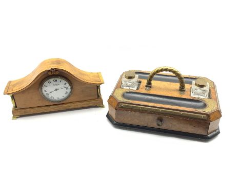 Victorian burr walnut and ebonised inkstand with brass handle and mounts, two glass inkwells and pull out drawer, L35cm toget