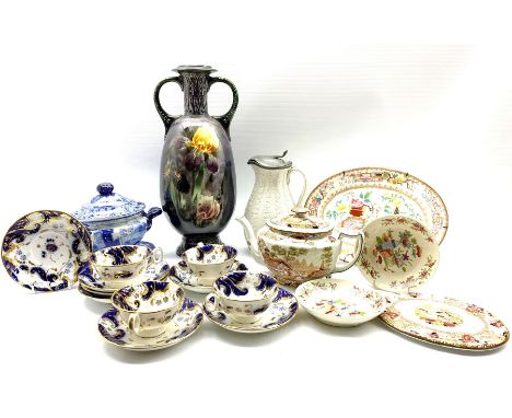 19th century pearl ware sauce tureen and cover printed in blue and white, small Spode meat plate, Edge Malkin tea pot and sta