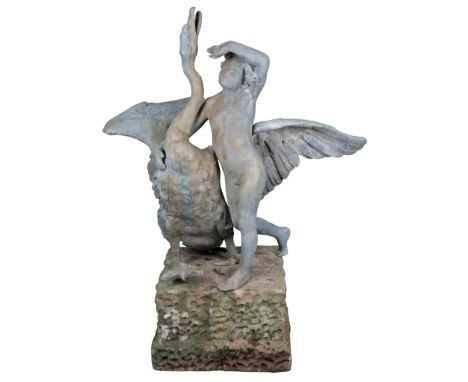 AFTER THEODORE KALIDE (1801-1863) A LEAD FOUNTAIN GROUP OF A BOY AND A SWAN the swan figured naturalistically with wings outs
