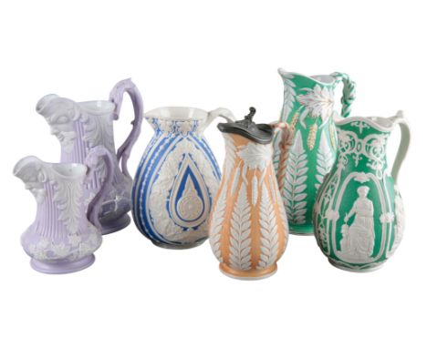 A LAVENDER GLAZED 'BACCHUS AND GRAPEVINES' JUG BY SAMUEL ALCOCK & CO.19th century, marked to the base, 22cm high; together wi