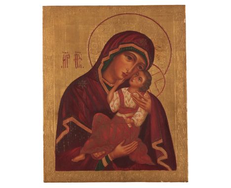 EASTERN ORTHODOX SCHOOL, 20TH CENTURY An 'Eleusa' or 'Virgin of Tenderness' Iconsigned "Elena Kreupenski" and dated 1945 in g
