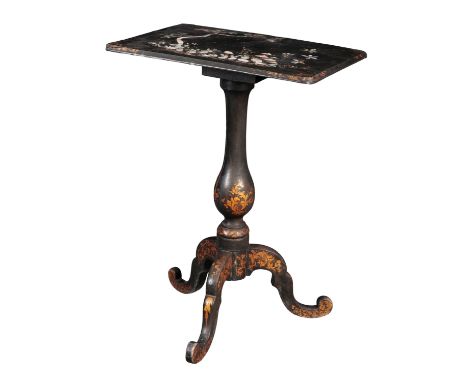 A VICTORIAN PAPIER MACHE TRIPOD TABLEthe rectangular tilt top inlaid with mother of pearl and decorated with a stork beneath 