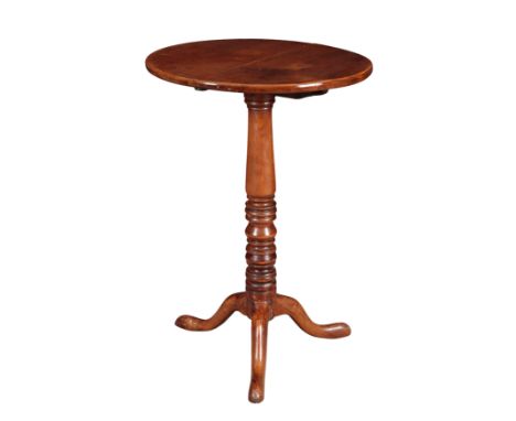 A FRUITWOOD TRIPOD TABLE late 18th/early 19th century, the circular top on a turned stem with cabriole legs and pad feet, 69c
