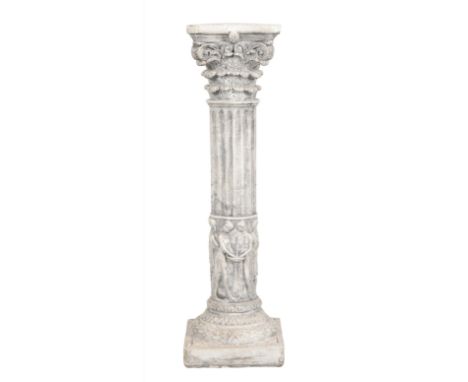 A NEOCLASSIC COLUMNAR PLINTH 20th century, the composite capital over a fluted stem with a procession carved in relief to the