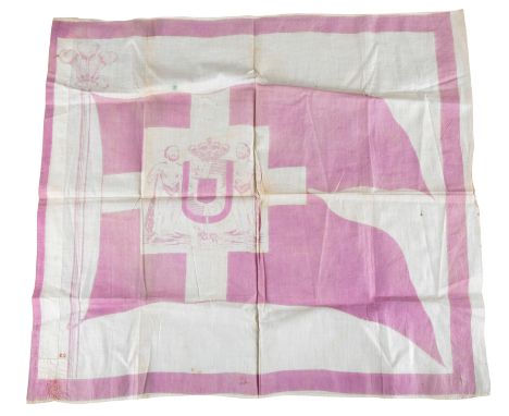 A CONTINENTAL LINEN HANDKERCHIEF early 19th century, printed in purple with pennant and flagpole, the pennant with heraldic d