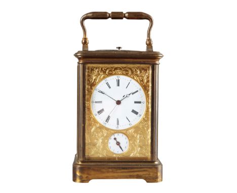 A FRENCH BRASS REPEATING CARRIAGE CLOCK BY DUMAS19th century, signed 'A. Dumas 828' to the back plate, the enamel dial with R