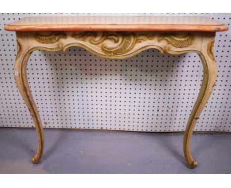 AN EARLY 20TH CENTURY FRENCH PAINTED OAK CONSOLE TABLE84cm wide; 66cm highOld marks and scratches all over, some losses to th