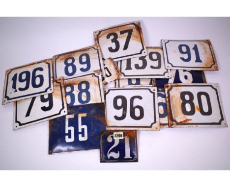 A QUANTITY OF MOSTLY 20TH CENTURY ENAMEL HOUSE NUMBER PLAQUES (QTY)The largest 20cm wide; 16cm high