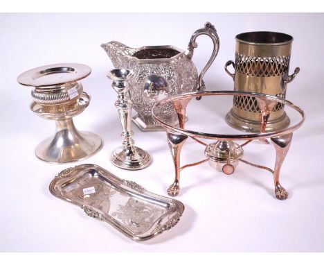 SILVER PLATED ITEMS, INCLUDING CANDLE STICK, JUG, BOTTLE STAND AND SUNDRY