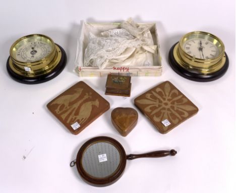 COLLECTABLES INCLUDING A MODERN SHIPS CLOCK AND MATCHING SHIPS BAROMETER (8)19cm diameter, a 19th century fruitwood hand mirr