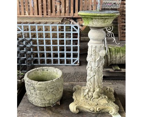 A MODERN RECONSTITUTED STONE SUNDIAL (2)30cm diameter; 76cm high, and a circular planter, 27cm diameter; 30cm high