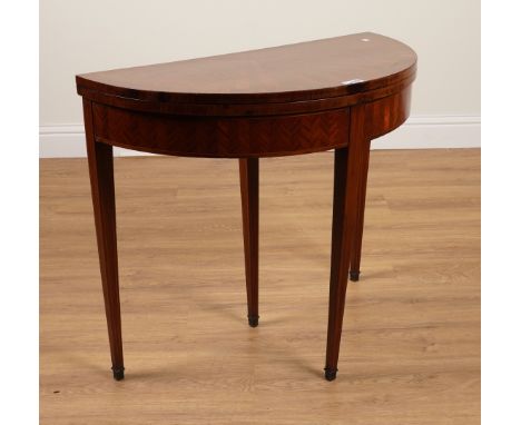 AN 18TH CENTURY STYLE CHEVRON PARQUETRY INLAID KINGWOOD DEMI -LUNE CARD TABLE85cm wide; 42cm deep; 74cm highOld marks and scr