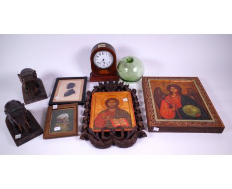 COLLECTABLES, INCLUDING AN EDWARDIAN MANTEL CLOCK (8)14cm wide; 16cm high, two modern framed Russian icons, 26cm wide; 31cm h