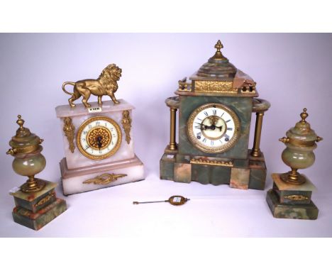 A 19TH CENTURY ONYX AND GILT METAL CLOCK GARNITURE COMPRISING MANTEL CLOCK AND TWO URNS, TOGETHER WITH AN ALABASTER CASED CLO