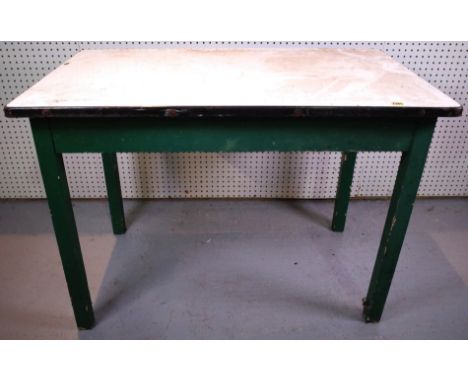 A 20TH CENTURY GREEN PAINTED ENAMEL TOPPED SIDE TABLE110cm wide, 75cm high