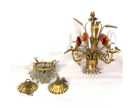A FRENCH GILT TOLE WARE FOUR LIGHT WHEAT-SHEAF HANGING LIGHTWith enamel painted poppy-heads, 41cm high; Together with a gilt-