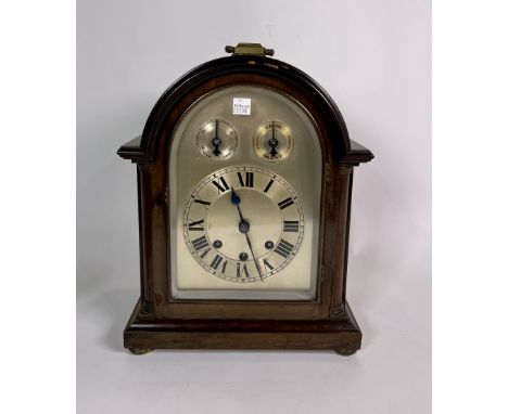 A GERMAN QUARTER STRIKING MANTEL CLOCK (2)41cm wide; 25cm high oak grandmother clock, 26cm wide; 132cm highSold as seen and i