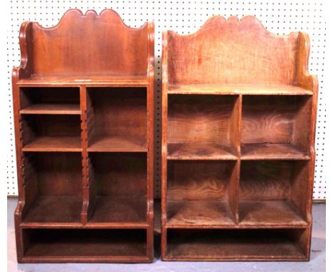 AN EARLY 20TH CENTURY OAK OPEN SHELF (2)51cm wide; 83cm high, together with another similar, 46cm wide; 84cm high