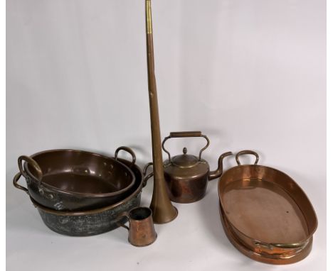 METALWARE COMPRISING THREE VICTORIAN COPPER JAM PANS (6)The largest 36cm diameter, a copper kettle, tankard and a bugle, 123c