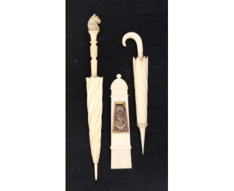 Three ivory needlecases comprising a quiver form example, one side inset with a verre eglomise panel, 7.2cm, another as  furl