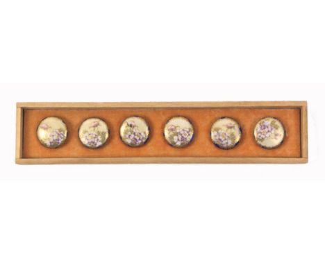 A set of six Japanese Satsuma ceramic buttons decorated with flowers, 2.5cm dia, in original wooden box, 21cm
