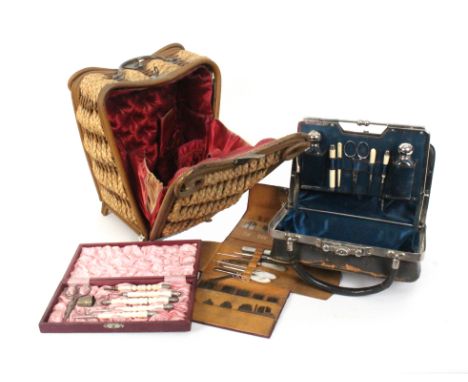 Four late 19th Century sewing companions comprising a bentwood and plaited straw example, double sided with maroon silk inter