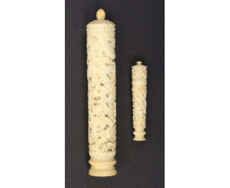 A 19th Century Chinese carved ivory bodkin or netting case and a similar needlecase, each of tapering cylinder for, the first