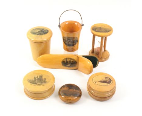Mauchline Ware _ seven pieces comprising a tumbler case with fern etched glass (Stirling Castle, From Back Walk, Bought In Th