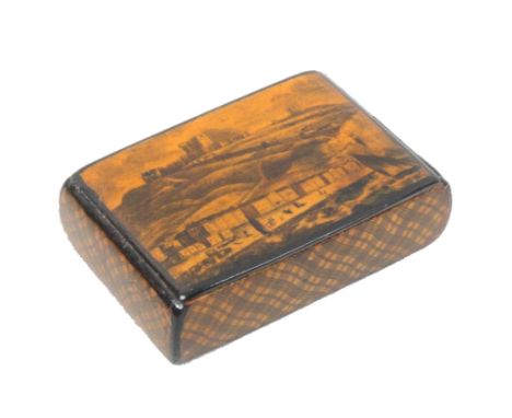 A topographical Scottish penwork snuff box, the lid with a view of a terrace of buildings on a waterfront with a sail boat, t
