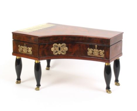 A good Palais Royal Style Musical Sewing Box, circa 1840, in the form of a grand piano, in flame mahogany with ivory key boar