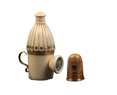 A fine early 19th Century French thimble case, thimble and needlecase, in the form of a hand held lantern, the lantern with f