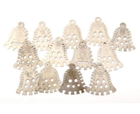 Thirteen bell shaped metal knitting needle gauges comprising Sabre/The Clock/Abel Morralls (x2)/The Daisy/Alfred Shrimpton/ V