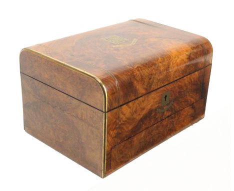 A Victoria burr walnut and brass inlaid sewing box the lid with a brass shield and scroll engraved ñPresented To Miss K. A. S