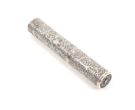 A late 18th Century silver filigree bodkin case,  probably Chinese with all over elaborate quill work over a silver gilt core